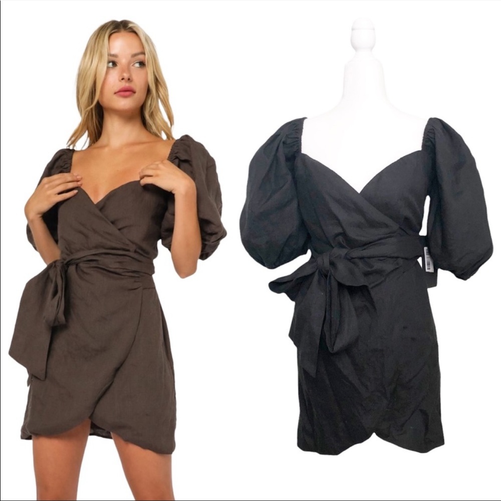 Olivaceous Puff Sleeve Wrap Mini Dress Sweetheart Regencycore Cottagecore Black